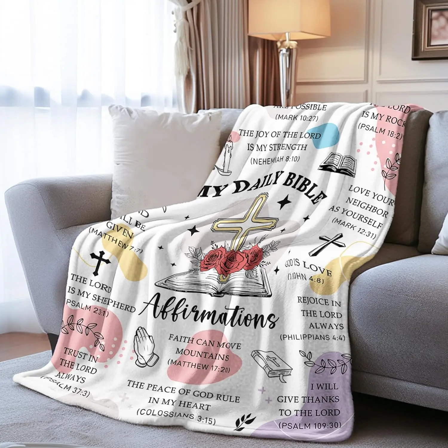 Bible Blanket Bible Verse Blanket for Friend Sister Inspirational Religious Catholic Spiritual Gift, Baptism Gifts for Girl Boy