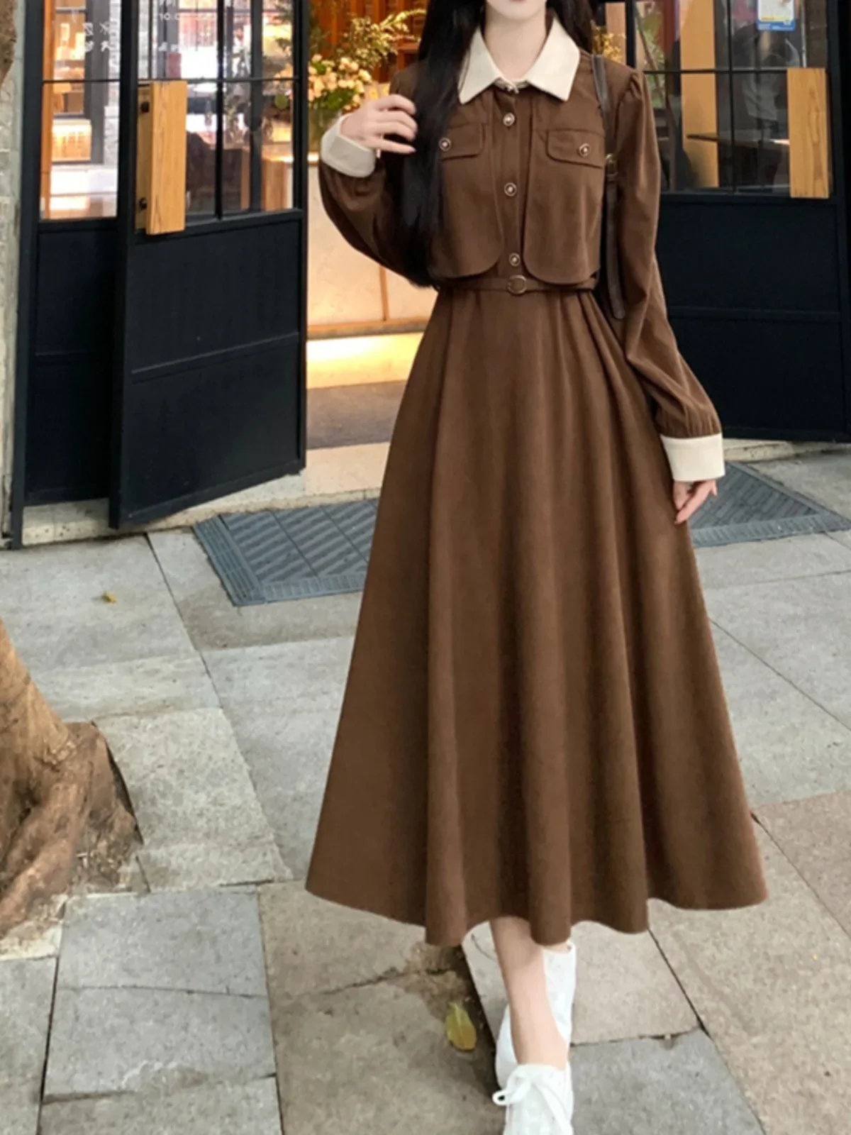 우아한 긴 소매 가짜 투피스 드레스 2025 드레스 대형 가을 슬리밍 롱 드레스 햅번 리틀 블랙 dds2d