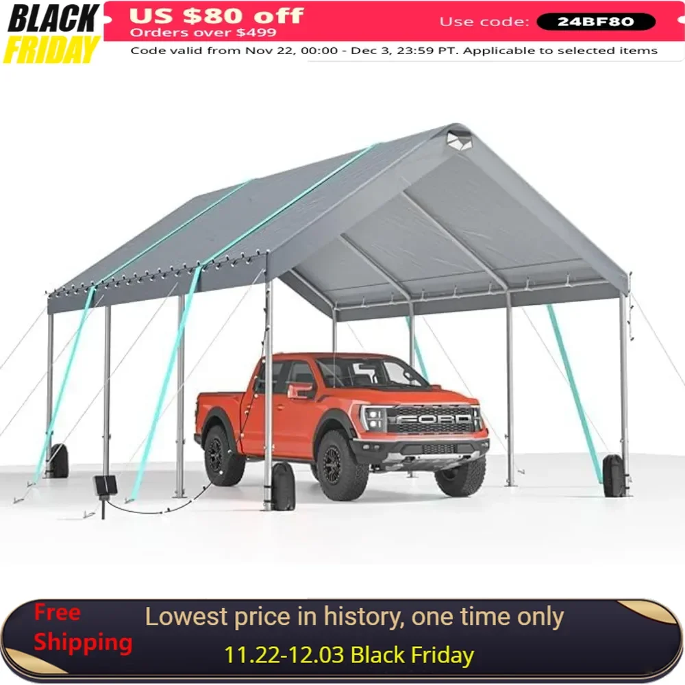 10x20 Carport Canopy with Adjustable Peak Height From 9.5ft To 11ft with Bindings, Sandbags, Stake and Lights，Portable Garage