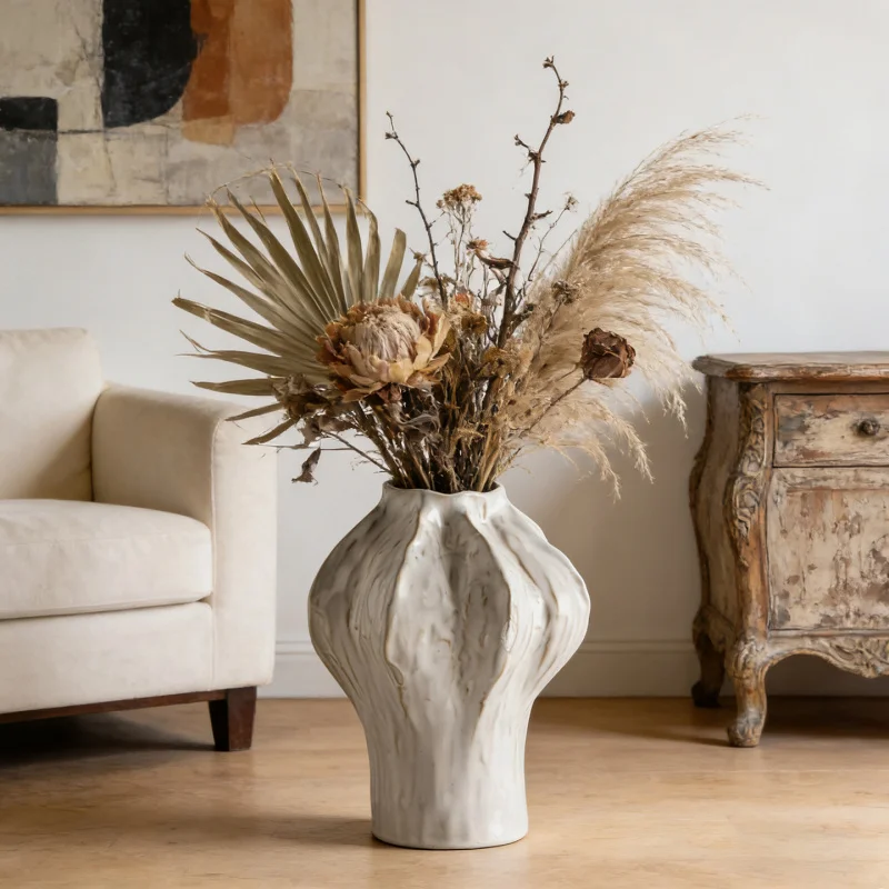 Nordic Style Minimalist White Ceramic Vase Artificial Flower Holder Home Art Decorative Ornament