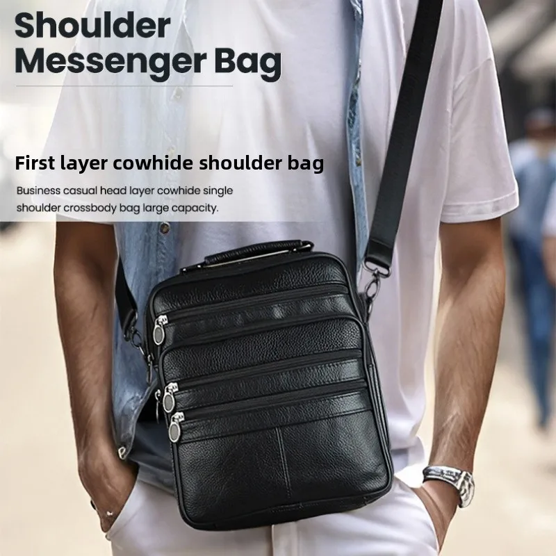 New Genuine Leather Men Crossbody Bag, Vertical Large Capacity Retro Business Cowhide Multifunctional Daily Shoulder Bag