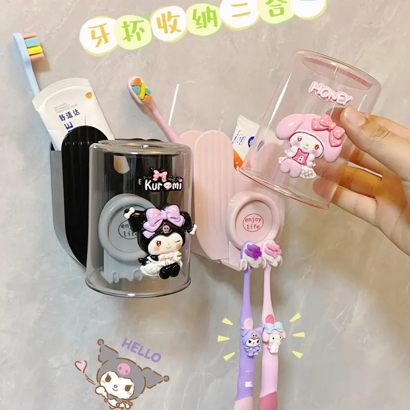 

Kitty Cat Themed Kids Toothbrush Cup Holder with Toothpaste and Toothbrush Wall Mounted Sanrio Rinse Cup