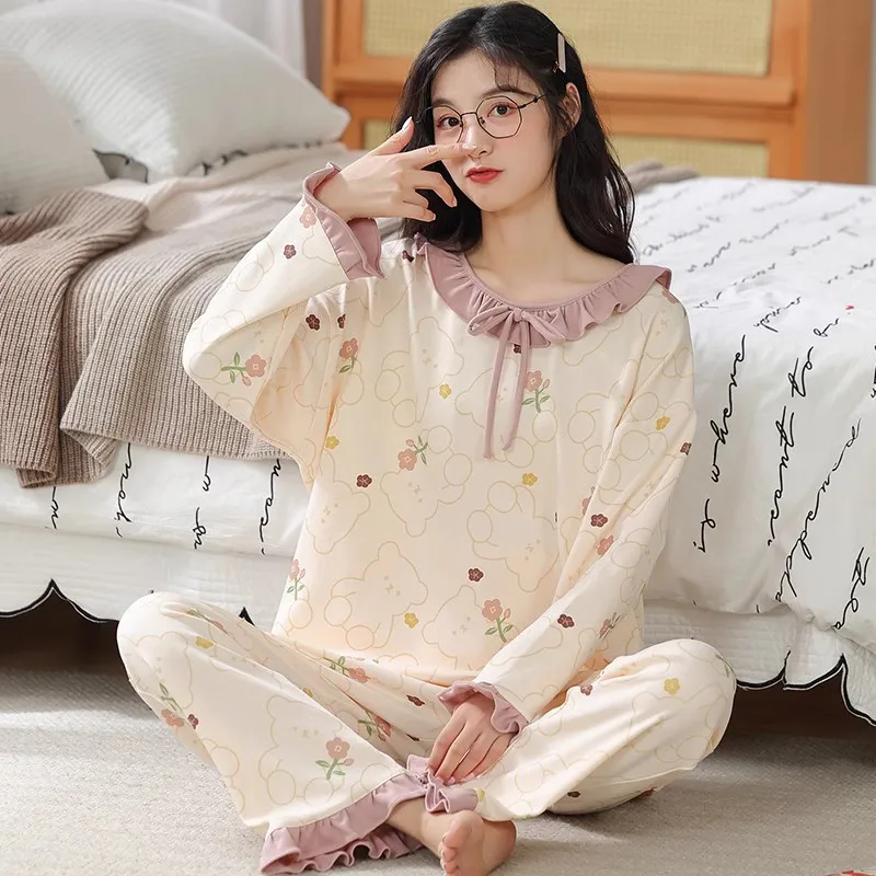 

Cotton Pajamas Set For Women Long Sleeve Sleepwear Elegant Home Clothes Cozy Nightgown Winter Homewear Female Pyjama Suits