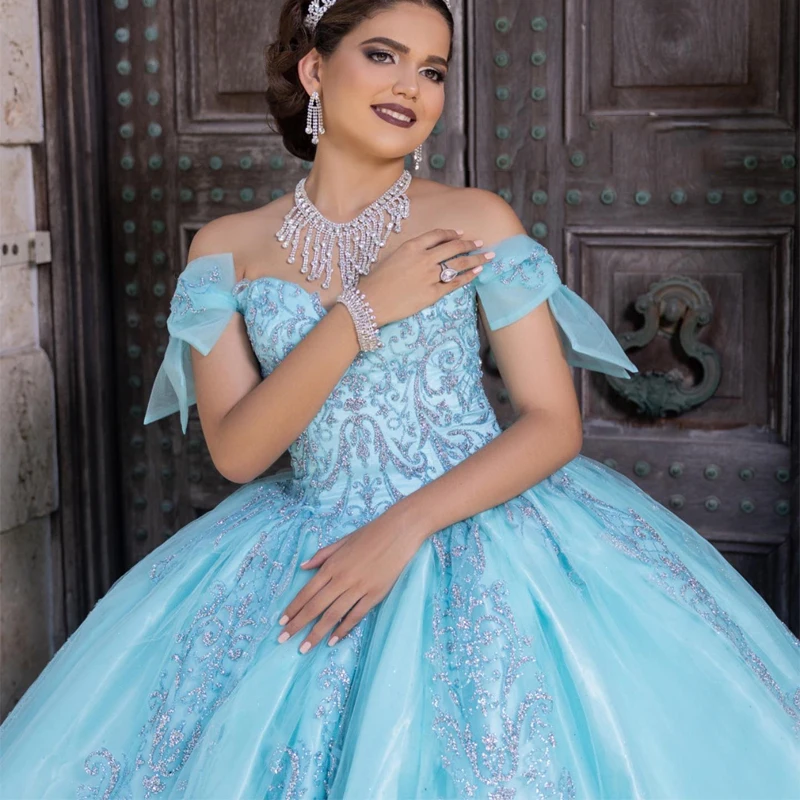 Lorencia Luxury Mint Glittering Off Shoulder Quinceanera Dress Applique Lace Birthday Party Sweet 16 Vestidos De Fiesta YQD548