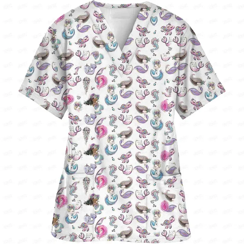 Womens Short Sleeve V Neck Disney Princess Print Top Nursed Working Blouse With Pockets Mock Hospital Nursing Uniform Accessory