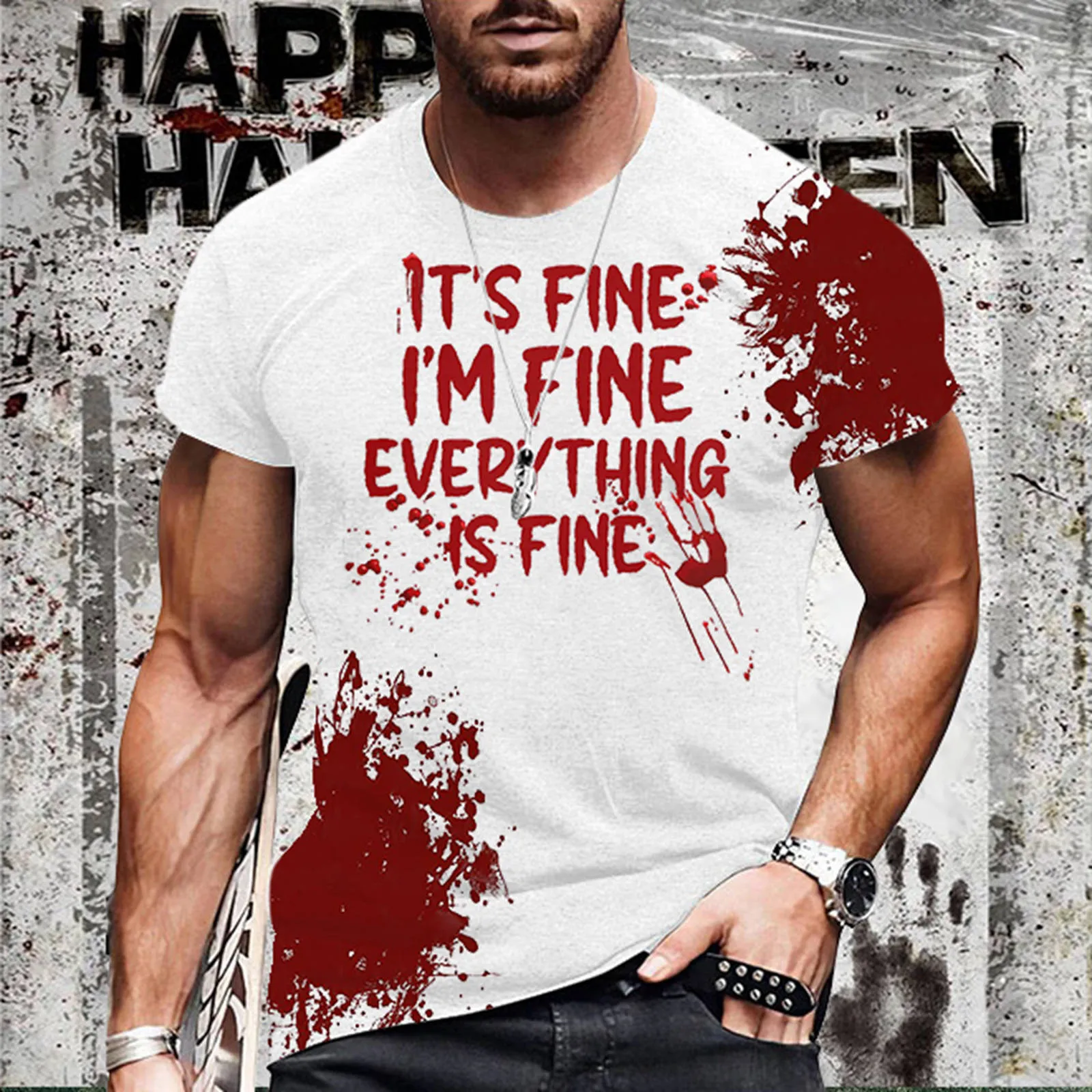 Horror Bloody T Shirt Mens 3D Printed Casual Blood Print Blouse Fashion Street Short Sleeve Halloween Round Neck T-Shirt Tops