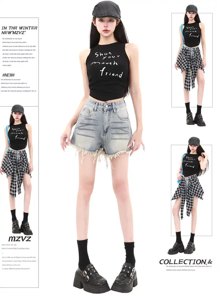 

Летние женские джинсовые шорты в американском ретро-стиле панк с рваными элементами, Y2K, 2000-е, с высокой талией, в японском стиле Харадзюку, джинсы-хотпанты, K-pop, уличная мода 2026