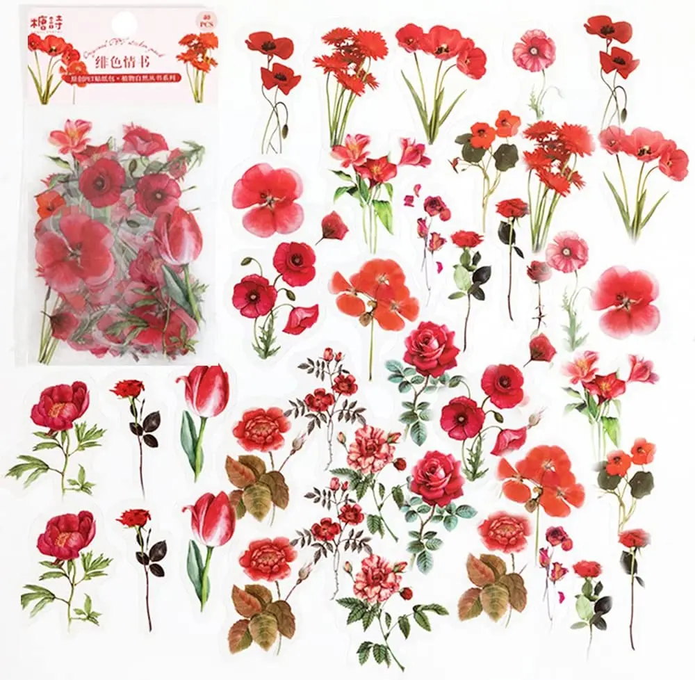40 Pcs Scrapbook Stickers PET Transparent Flower Nature Floral Journal Photo Album Diary DIY Art Crafts