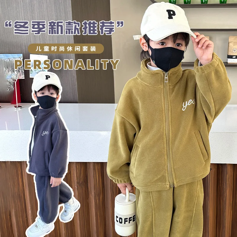 Children Kids Fleece Winter Outfits Solid Cotton Sweatshirt+Pants 2pcs Suits Toddler Suit Boy Girl Casual Warm Clothes 2-10Years