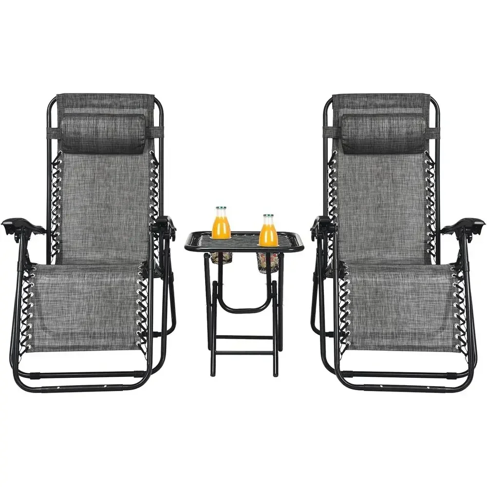 3-Piece Zero Gravity Reclining Patio Chairs Set with Side Tables and Pillows for Outdoor, Garden, or Travel Use