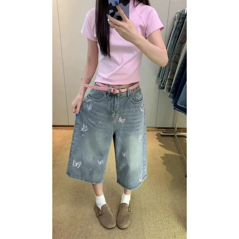 Summer Women's Butterfly Print Wide-leg Denim Shorts High Waist Half Trousers Cute Girl Calf-length Pant Female Retro Streetwear