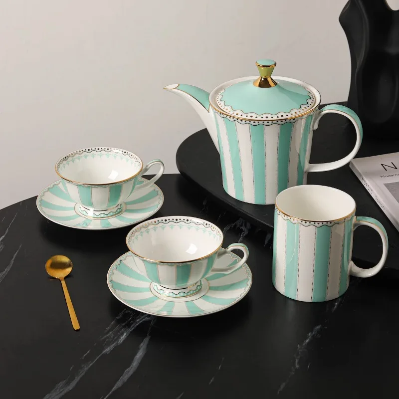 

European Style Mint Green Striped Gold-plated Bone China Teapot Tea Cup Set High-end Household Coffee Cups Exquisite Tableware