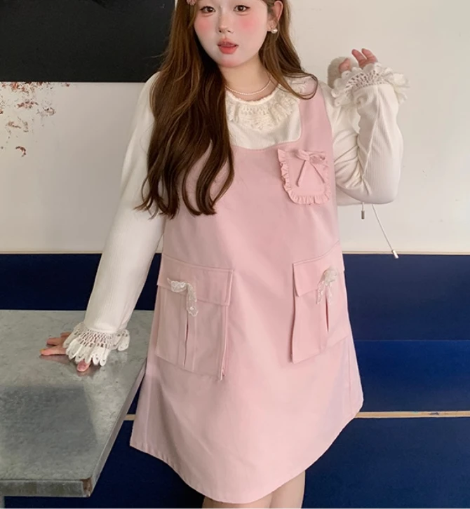 فساتين محبوكة جديدة للخريف باللون الوردي اللطيف مقاس كبير فستان نسائي عالي الخصر فضفاض على شكل حرف a متعدد الاستخدامات لتقليل العمر #3