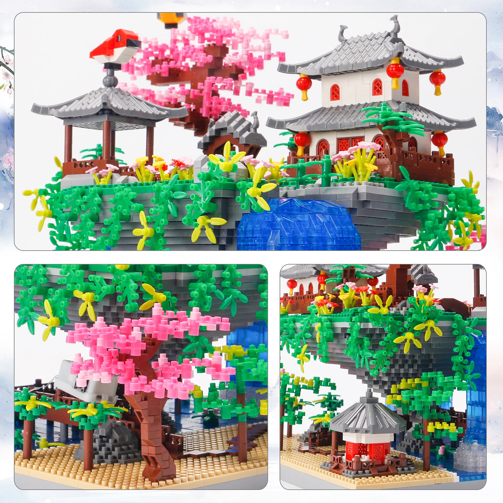 3320PCS Diamond Bricks Sakura Tree House Building Blocks Chinese Garden Architecture Waterfall DIY Assemble Toys Gift For Adult