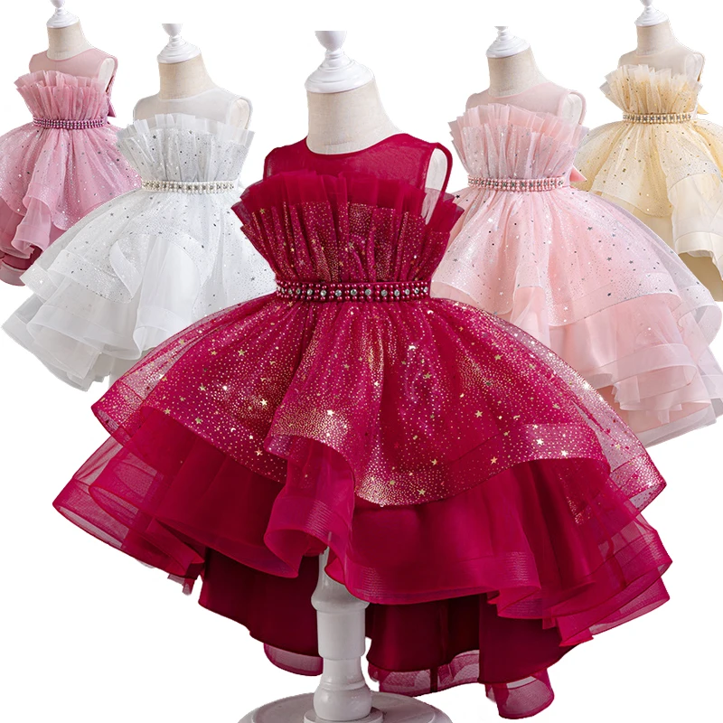 

Luxury Children's Shiny Floor Length Beaded Tiered Cocktail Dress Pageant Girl Fluffy Mesh Wedding Ceremony Bridesmaid Dresses