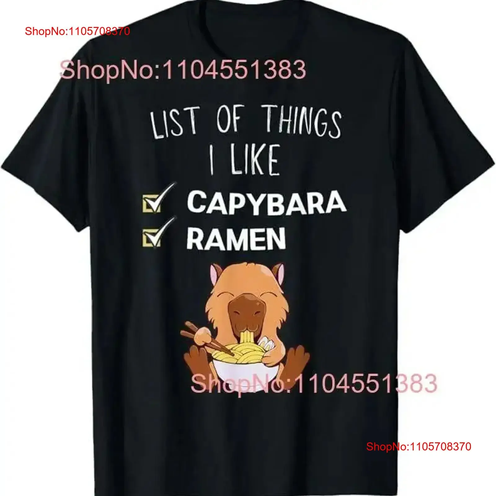 Cute Kawaii Capybara List Of Things I Like Ramen Lover T Shirt vintage Washed Slightly Unisex Casual homme graphic streetwear