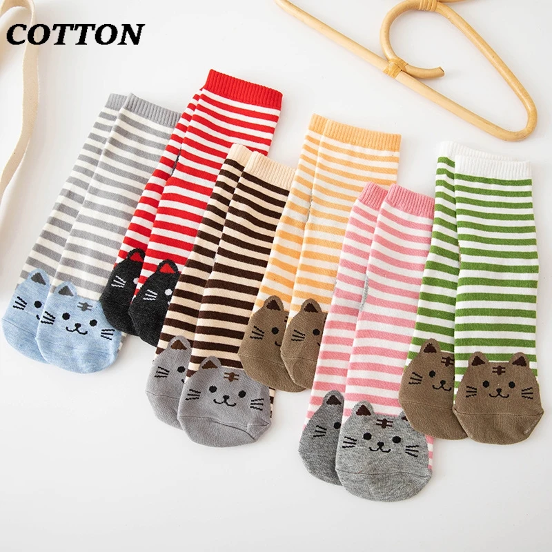 Women's Socks Cute Kawaii Striped Kitten Fall Winter Girls Gift Warm Comfortable Casual Animal Print Middle Tube Cotton Socks