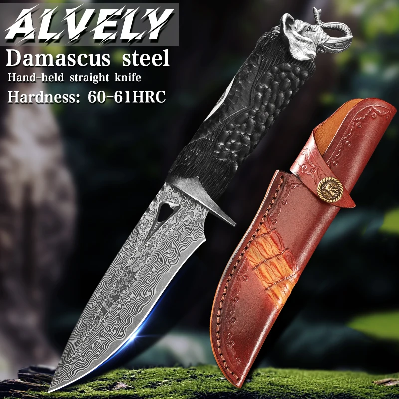 

Handcrafted Damascus steel fixed blade knife,Outdoor EDC Hunting Fixed Blade Knife，Elephant metal ornament with leather sheath