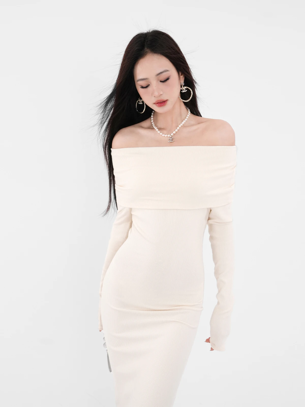 One-Shoulder Knitted Dress Bodycon Skirt High Waist Tummy Control Long Sleeve Casual Style for Ladies Spring Autumn Winter