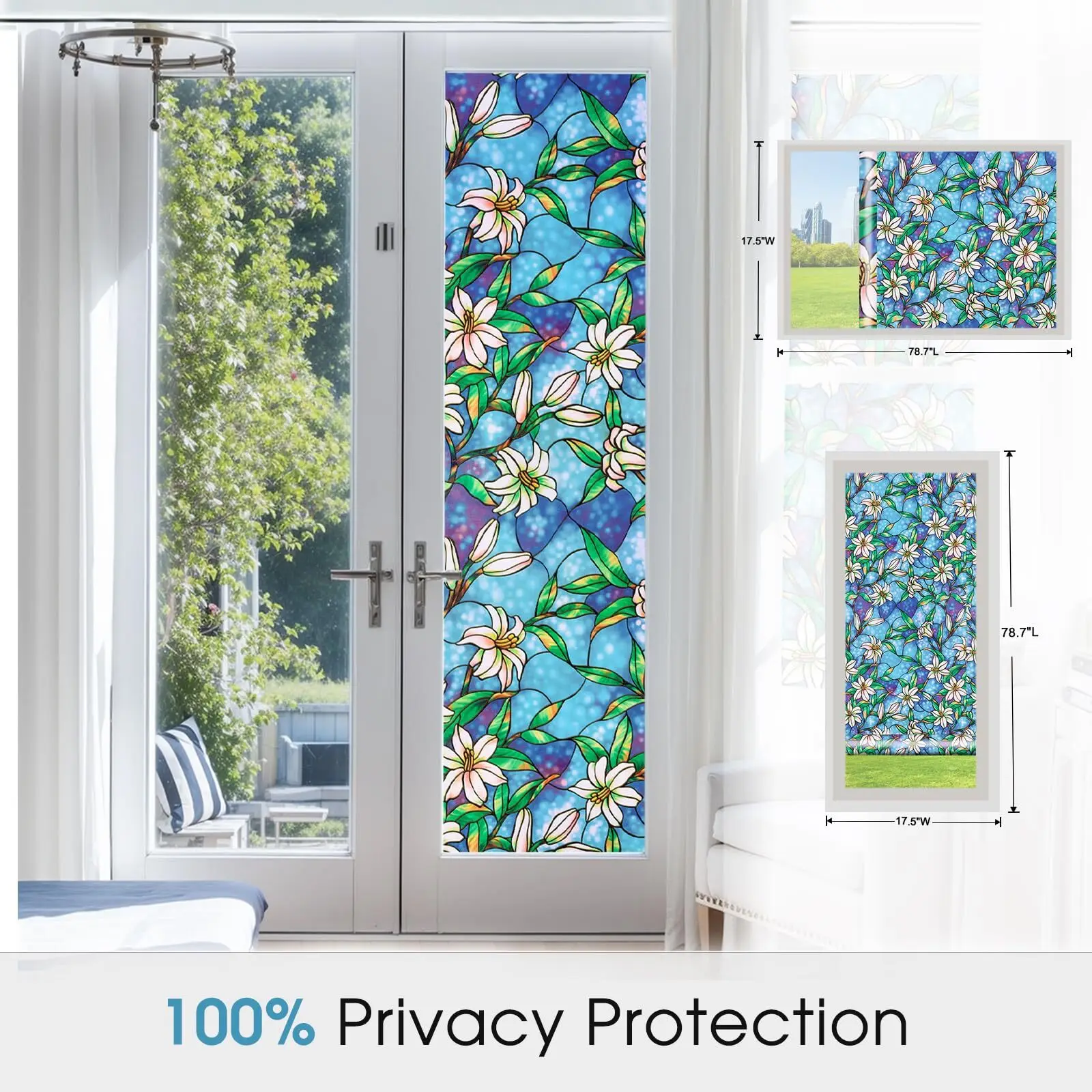 Painted Lily Pattern Privacy Window Film Static Cling No Glue Heat Control Removable for Bathroom Balcony Glass
