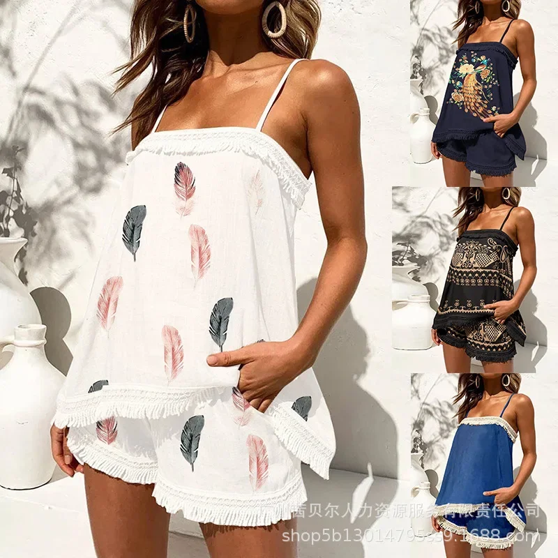 

Feather Print Tassel Trim Cami Top & Shorts Set Women 2pcs Clothes Suit Summer Spring Sexy