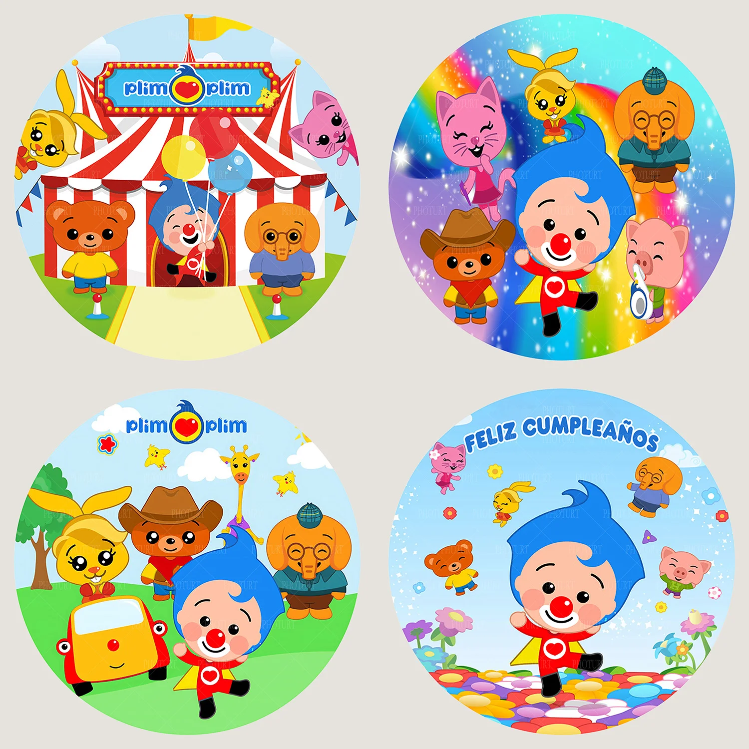

Round Plim Plim Backdrop Kids Birthday Baby Shower Background Cat Bear Friends Circle Cylinder Surface Banner Decoration Props
