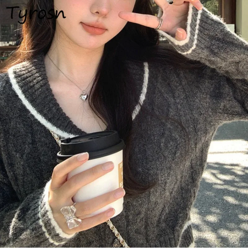 

Кардиган женский вязаный с V-образным вырезом в стиле преппи Модный повседневный темпераментный дизайн Мягкая уличная одежда для студентов колледжа Универсальный Новый