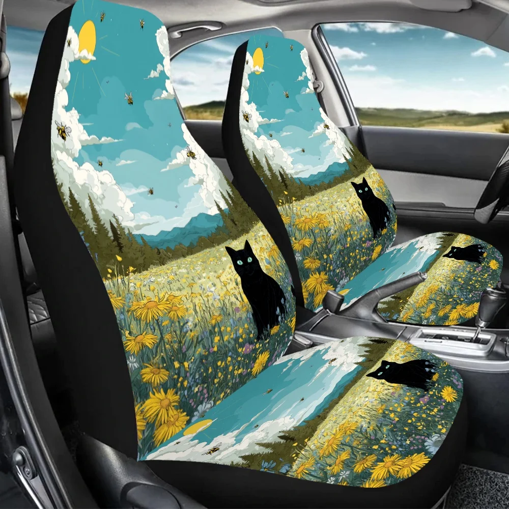 2pcs Cat In Blooming Field Print Car Seat Covers | Universal Fit, Polyester, Sponge Filled, Enhances Driving Pleasure, Ideal Gif
