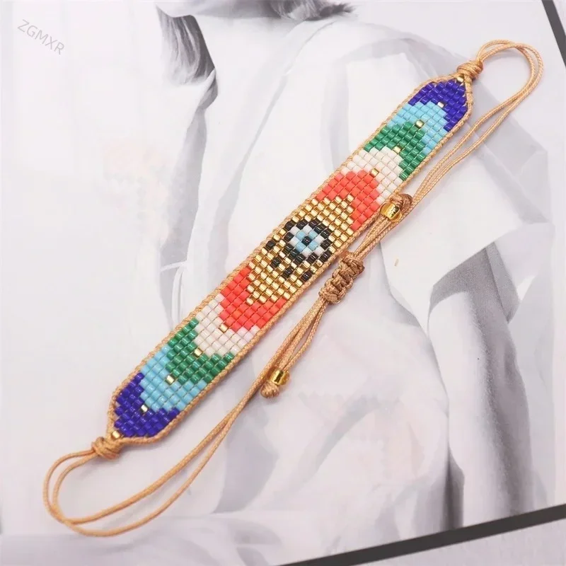 سوار حبة الأرز التدرج اللون القلب أنثى قوس قزح الهندسة تصميم اللؤلؤ الحياكة اليدوية بوهيميا سوار مطرز الموضة