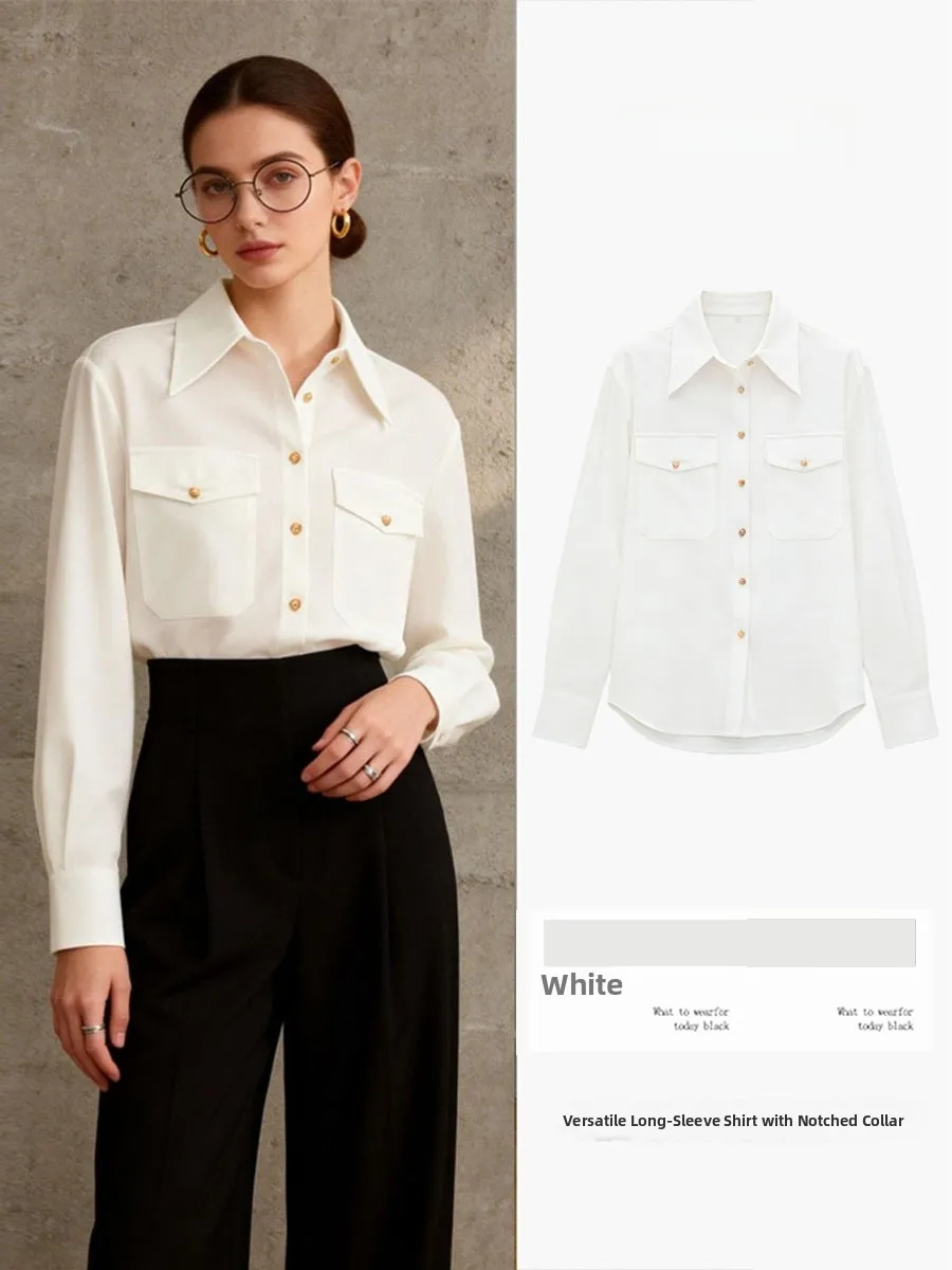 White Long Sleeve Women's Shirt Korean Style Pocket Design Slimming Point Collar Open Cardigan Polyester Fiber Non-Stretchy