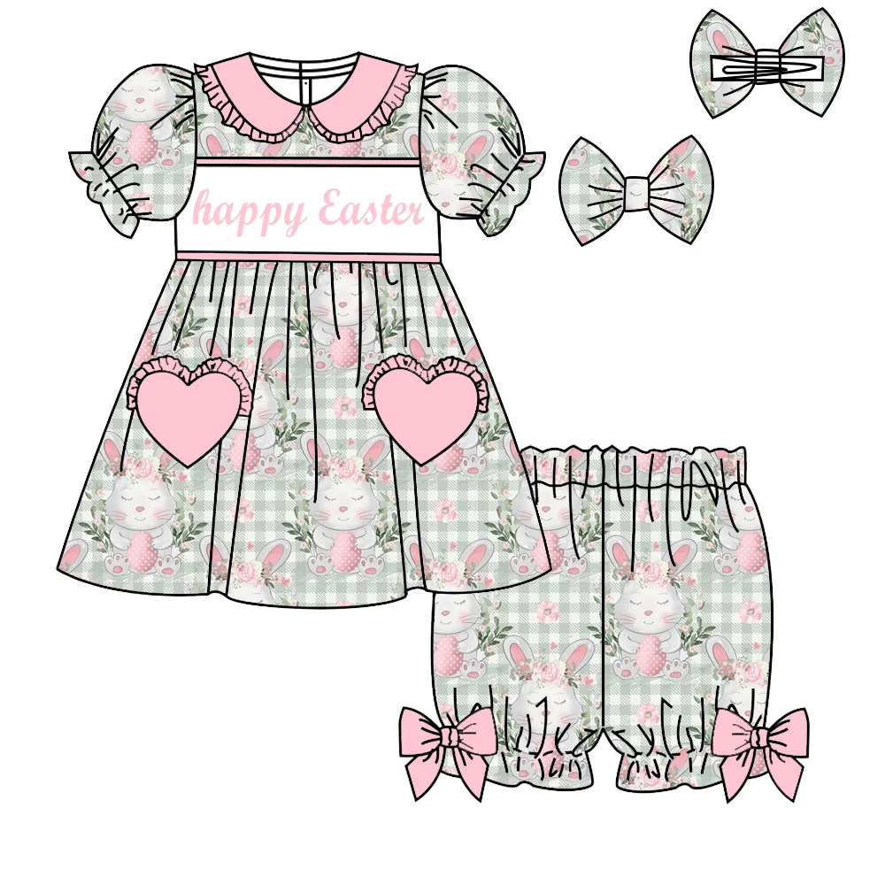 Easter Girl Series Short Sleeve Shorts Bow Girl Suit Bunny Bow Plaid Print Boutique Children's Suit 3