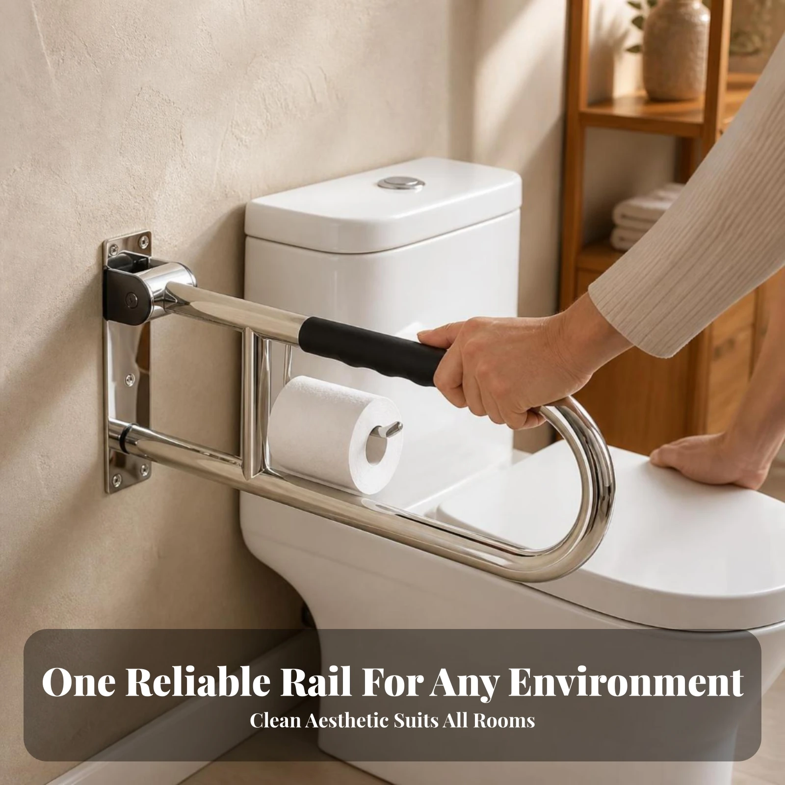 Toilet Grab Bar with Paper Roll Hook Heavy Duty Support Rail with Folding Hinge Bathroom Safety Handrail Ergonomic Hardware