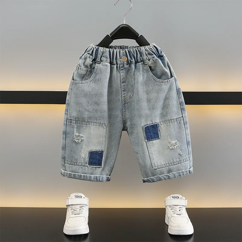 

100-170 Summer Boys Girls Shorts Children's Cotton Denim Shorts Boy Patchwork Cotton Shorts Teen Breathable Casual Pants