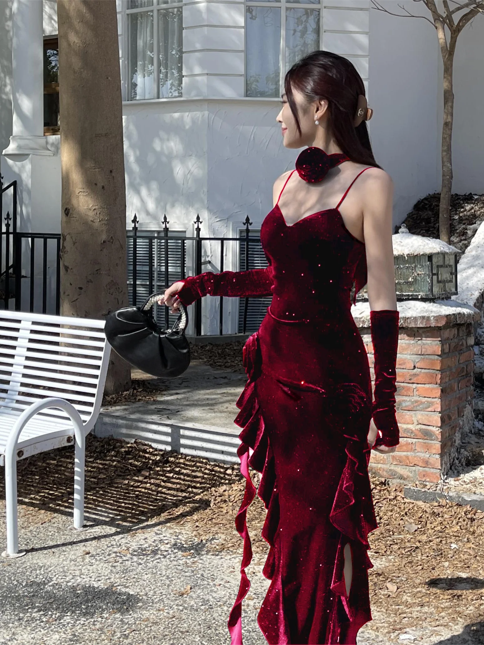 مثير الأحمر المخملية الدكتور المرأة سبليت تنورة طويلة زي الهالوين حزام الدكتور عالية الخصر ألف خط صورة ظلية Svel Bodycon