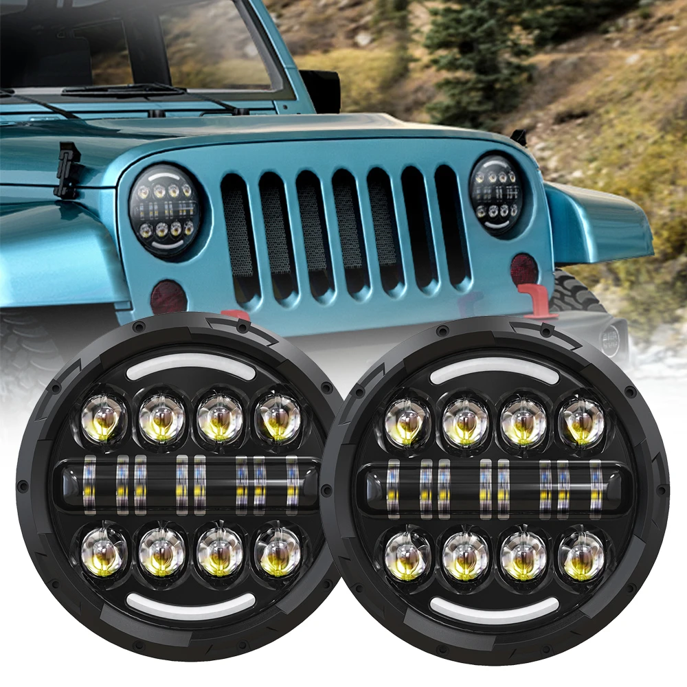 7 Inch Round LED Headlight with White Halo and Amber Turn Signal Fit For Jeep Wrangler JK LJ TJ CJ