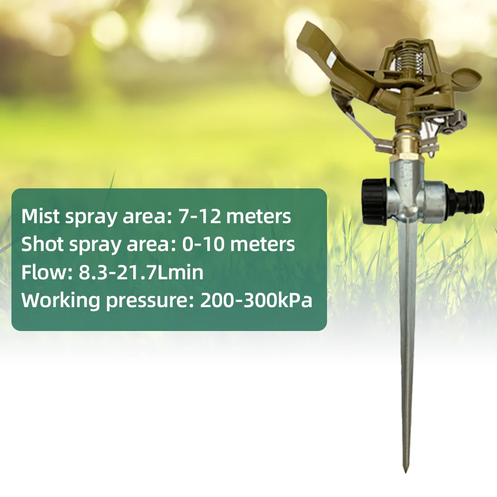 Impact Sprinkler on Spike Base Heavy Duty Zinc Alloy Water Sprinkler for Yard Lawn Garden 0-360° Rotate Large Area Coverage