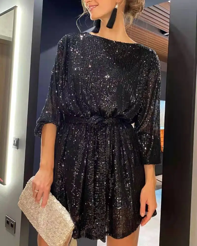 New Party Sequins Mini Dress Women O-neck Lantern Sleeve Dresses Women Casual Loose Lace Robe Femme Red Платье Женское Vestidos