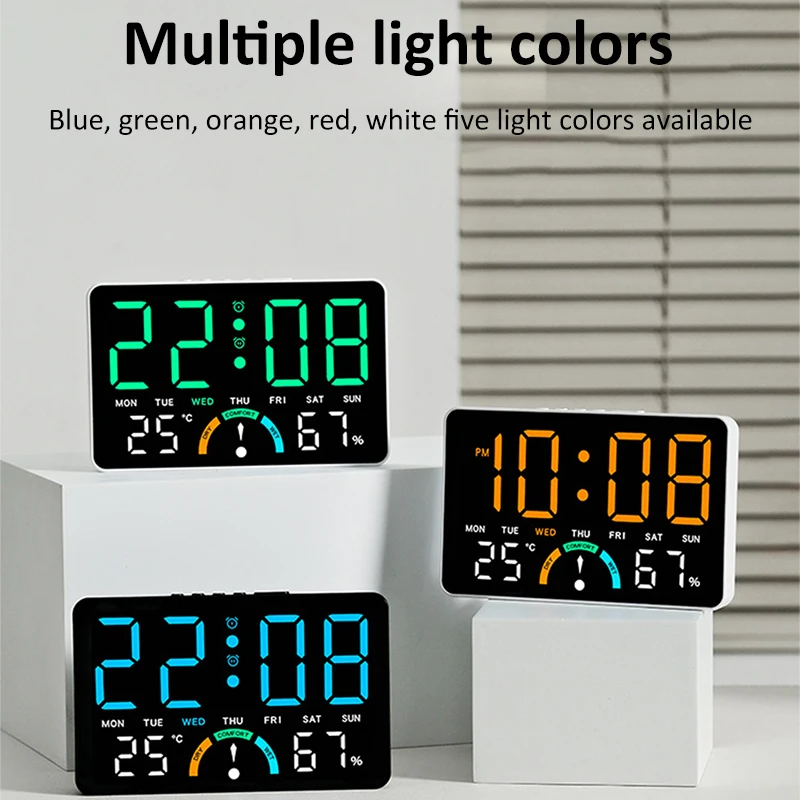

Digital Alarm Clock With Temperature Humidity Week Display Auto Dimmable 12 24H Dual Alarm LED Wall Mounted Table Clock