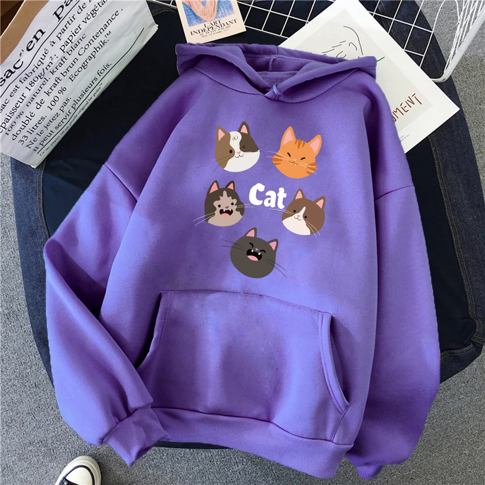 Happy Cartoon Cats Pattern Women Y2K Hoodies Harajuku Oversized Pullover Autumn Fleece Hoody Multicolor Casual Streetwear