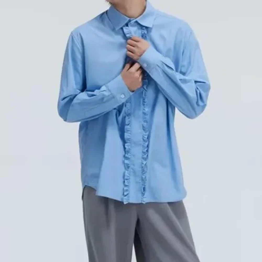 Mens Shirts Lace Pleated Shirts Autumn Streetwear Fashion Medieval Court Elegant Casual Thin Long Sleeve Tops Men'S Clothing