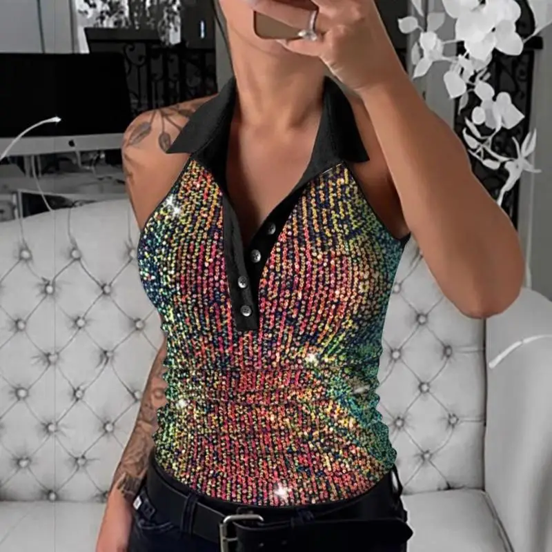 

Z8072 Faionable iny Sequin Button Slim Fit Summer Top Cleanfit Sle RPET Regenerated Fabric Women's Vest without Chest Pad