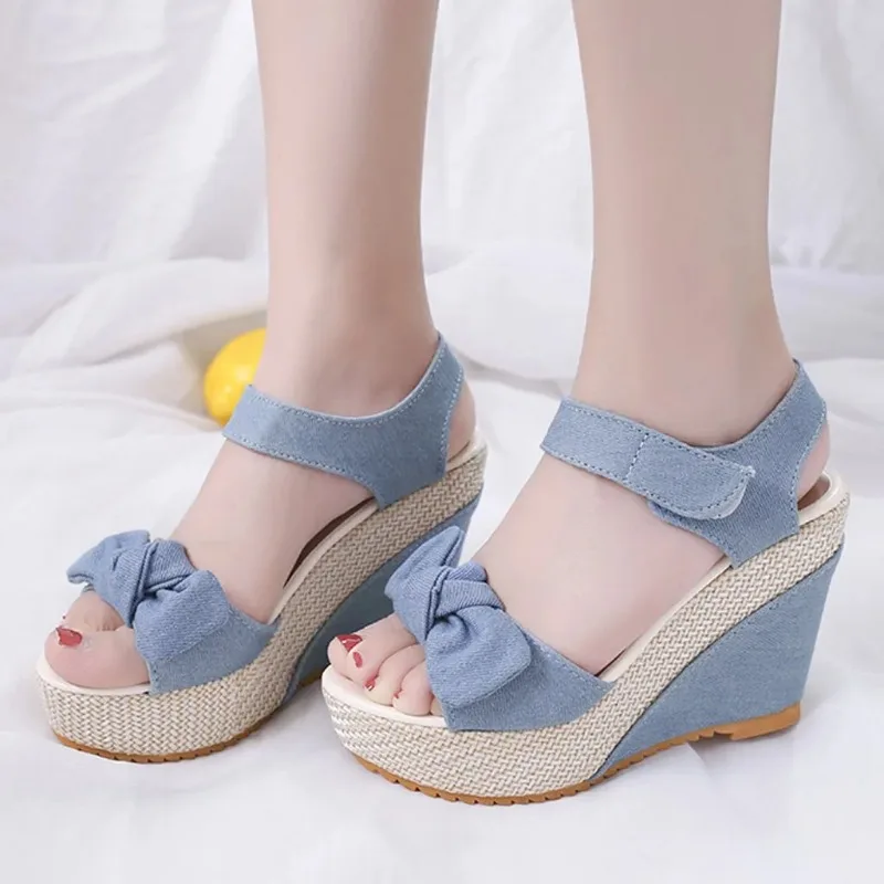 2020 New Designer Denim Sandals Women Sandals High Quality Wedges High Heels Peep-Toe Platform Shoes Woman Thick Bottom Sandals