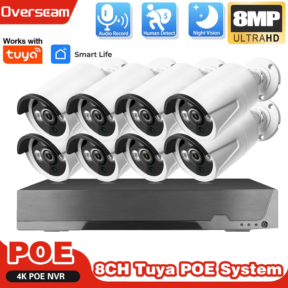 

8CH 4K 8MP POE камера безопасности AI система обнаружения движения CCTV аудио запись IP66 водонепроницаемый комплект защиты наблюдения TUYA NVR