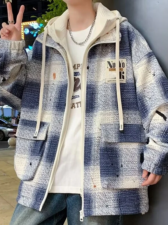 

Мужская джинсовая куртка свободного кроя для студентов, повседневная, с дизайнерскими вставками, с капюшоном, модная, брендовая, больших размеров, осенняя одежда