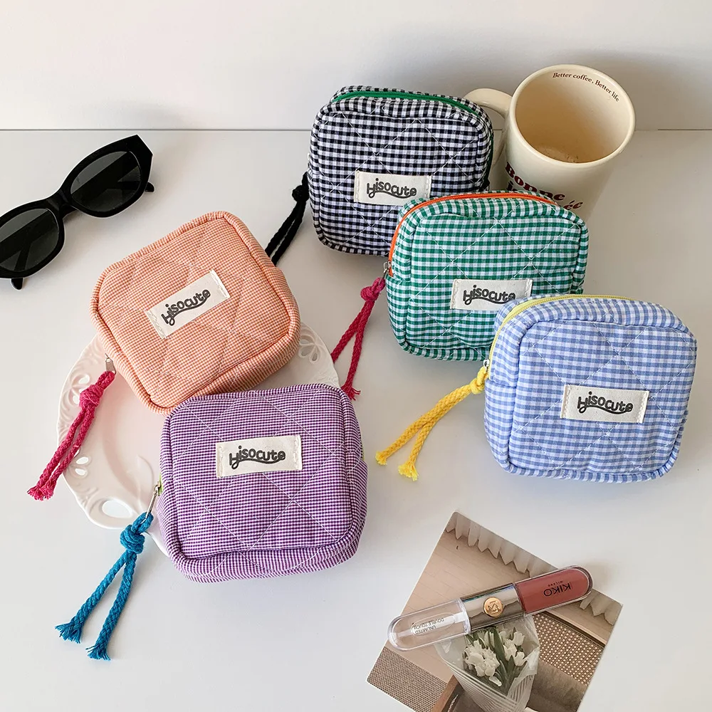 

Mini Plaid Coin Purse Large Capacity with Zipper Cosmetic Bag Sanitary Pads Small Item Bag Gift Storage Bags Organizer Pouch Bag