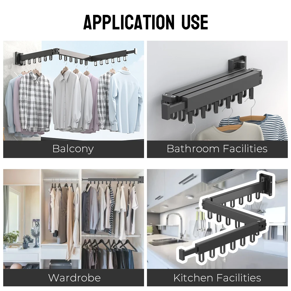 Indoor and Outdoor Aluminum Folding Clothes Hanger Cloth Drying Rack Space Saving Wall Mount Retractable