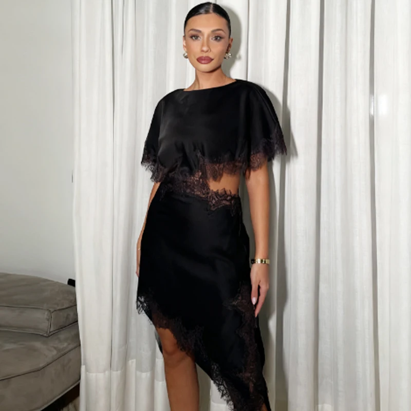 HXAO カットアウトブラックドレス女性非対称レースミディドレスケープスリーブエレガントなパーティードレス女性セクシーな高級カクテルドレス