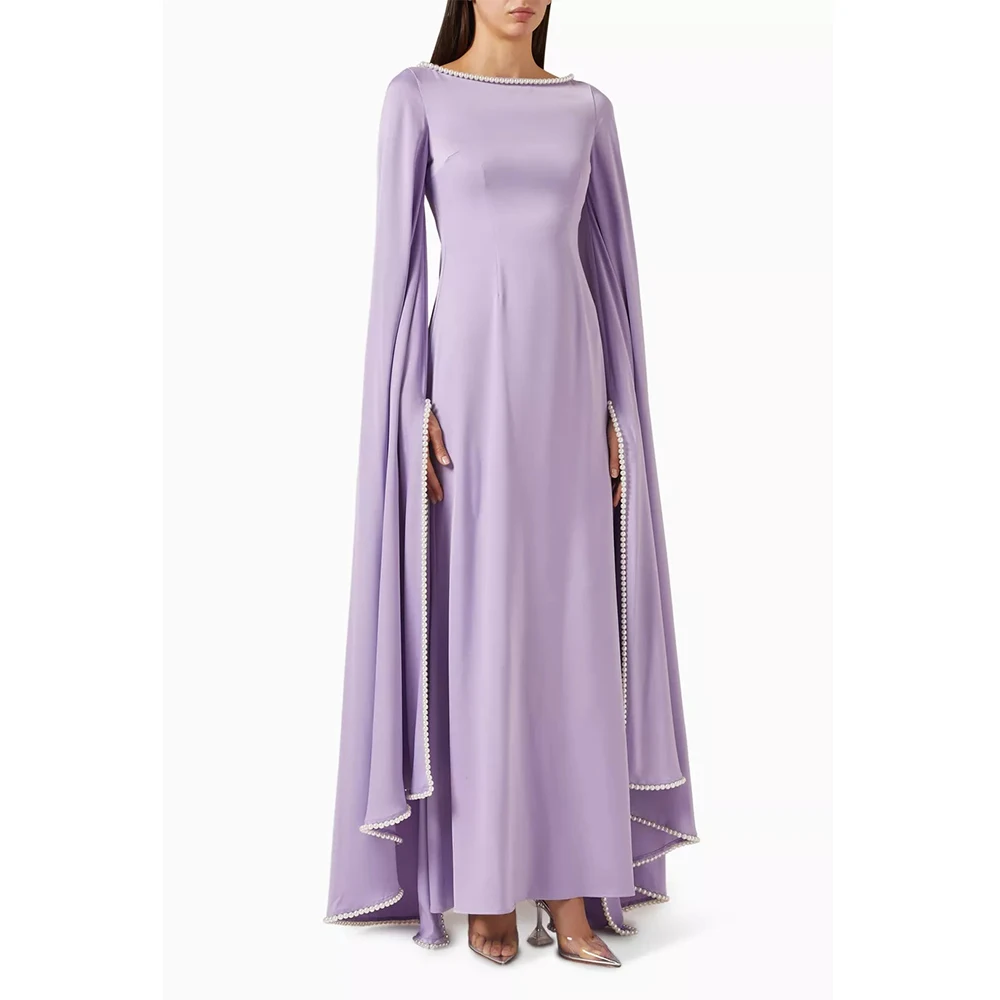 

DRESS FORU Purple Classic Evening Dresses Satin for Floor-Length Boat Neck Prom Dress Pearls Vestidos De Fiesta Customized