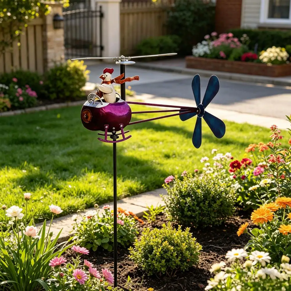 Garden Spinner Rooster Helicopter Wind Spinner Wind Driven Kinetic Sculpture, Funny Garden Wind Spinner, Chicken Ornament for La