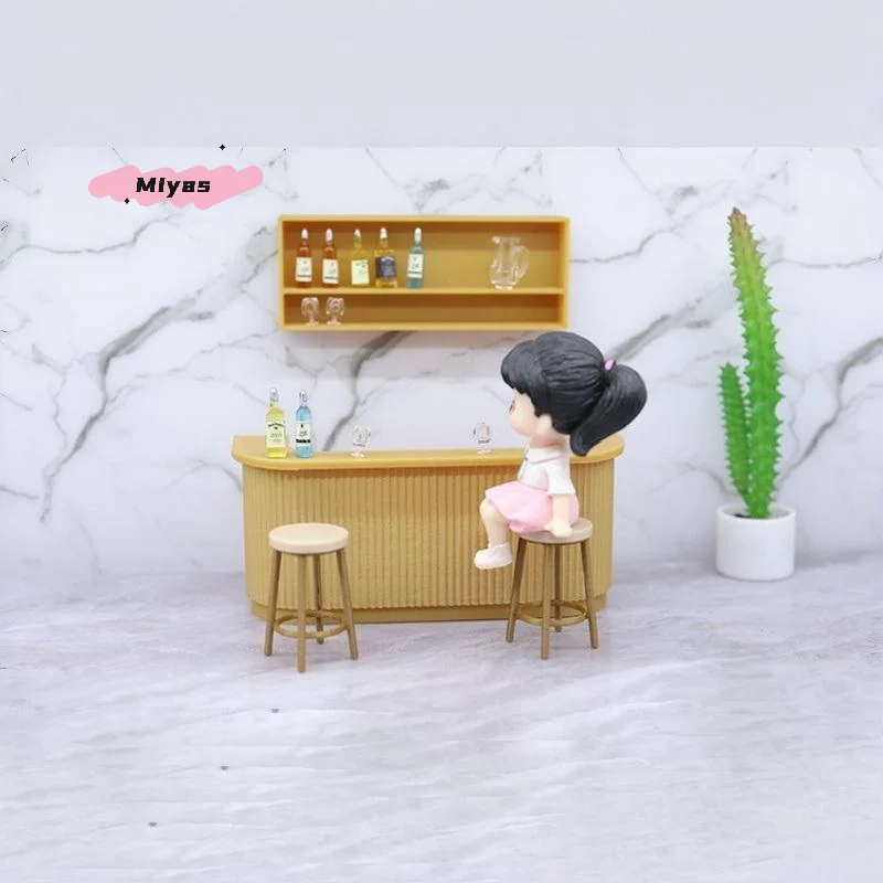 Conjunto de móveis de plástico em miniatura, 3 peças, para casa de bonecas, escala 1/12, mesa, cadeira, balcão de bar, modelo de acessórios para casa de brincar